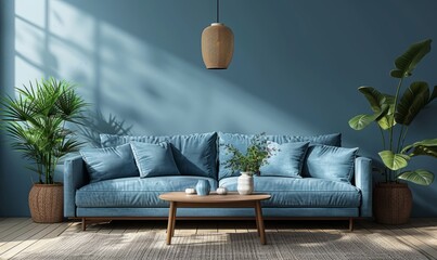 Home interior mock-up with blue sofa, wooden table and decor in blue living room, - obrazy, fototapety, plakaty