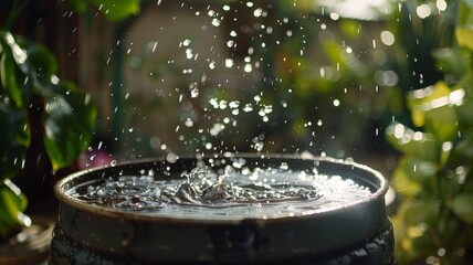 A rain barrel catching water falling from the sky, with raindrops splashing in the air and atop the drum. 