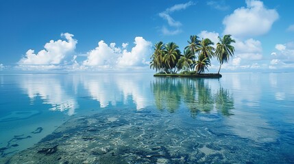Palm fringed motu in the blue lagoon, rangiroa atoll, tuamotus, french polynesia, south pacific, pacific - obrazy, fototapety, plakaty