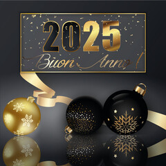 biglietto o striscione per augurare un felice anno nuovo 2025 in oro e nero in un rettangolo dorato con coriandoli dorati su uno sfondo grigio sfumato con palline di Natale dorate e nere
