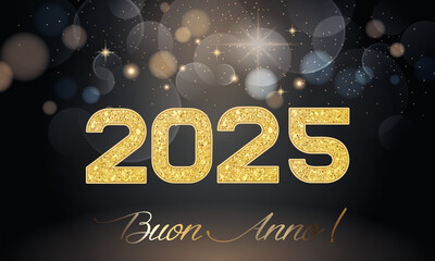  biglietto o banner per augurare un felice anno nuovo 2025 in oro su sfondo nero con cerchi effetto bokeh e stelle di diversi colori