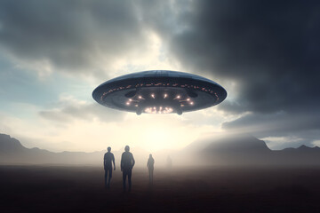 Flying saucer stops over people against mountains at sunrise. UFO creates tension that heightens sense of awe and trepidation among onlookers