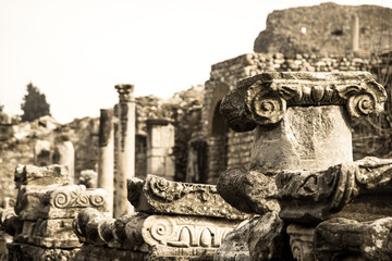 Ephesus, Turkey - March 28 2014: Ephesus city remains  pillars and archways