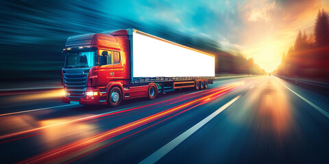 Truck driving fast along empty highway at dusk countryside. Cargo delivering lorry in motion on twilight freeway. Vehicle with mockup freight body.