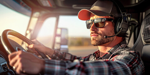 Bearded driver with cap sunglasses and headset holds steering wheel in truck cabin. Serious man drives lorry at bright sunrise light. Delivery business.