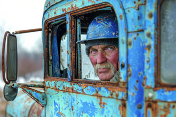 Senior man with grey mustache looks out of rust truck cabin on winter day closeup. Mature driver with helmet in old lorry at countryside.