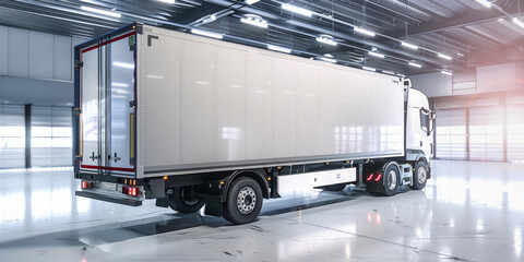 White truck with blank side trailer in brightly lit garage. Modern cargo shipping lorry waits for loading in industrial warehouse. Goods delivery.