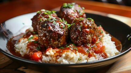 Meatballs served with rice in a tomato-based sauce.