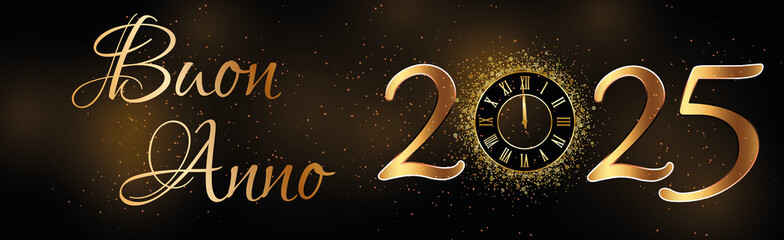 biglietto o striscione per augurare un felice anno nuovo 2025 in oro lo 0 è sostituito da un orologio su uno sfondo sfumato nero e marrone - obrazy, fototapety, plakaty
