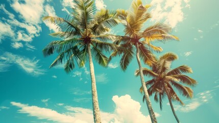 Palm trees against blue sky, Palm trees at tropical coast, vintage toned and stylized, coconut tree, summer tree ,retro