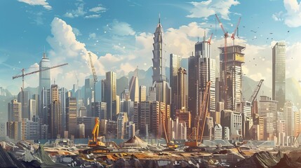 Panoramic view showcasing the dynamic growth of a modern city with a focus on construction and high-rise buildings - obrazy, fototapety, plakaty