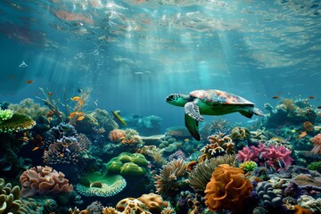 Turtle Swimming Above Colorful Coral Reef