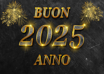 biglietto o striscione per augurare un felice anno nuovo 2025 in oro e grigio su sfondo nero e grigio con fuochi d'artificio dorati