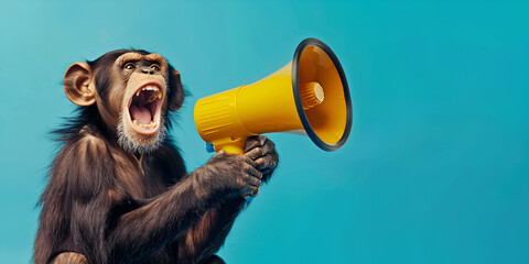 cute chimpanzee monkey holds a yellow loudspeaker business management concept attract attention. aggressive marketing isolated with blue background - obrazy, fototapety, plakaty