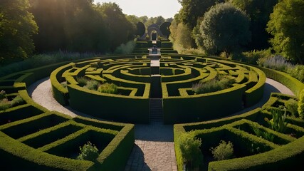 A garden with a compelling circular shape in the middle creates a magical focal point for the entire scene. An enchanted garden with a maze formed like a heart, AI - 779093788