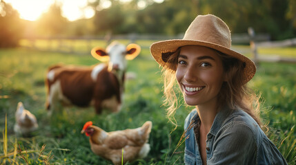 Smiling woman with chickens and a cow in a sunny field. - obrazy, fototapety, plakaty