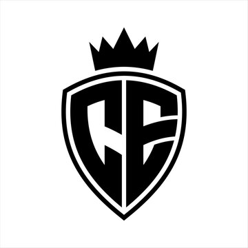 recommend clip art: CE Letter monogram shield and crown outline shape with black and white color design