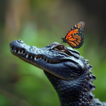 Young alligator in aquatic vegetation and butterfly
Concept: conservation of species and ecology, biodiversity and relationships in ecosystems, environmental projects and initiatives.