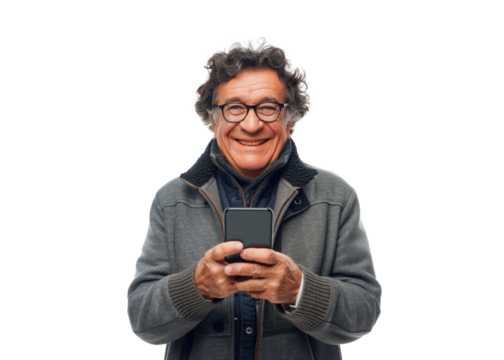 Senior Man with Phone on Transparent Background