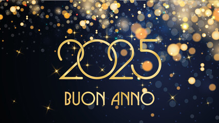 biglietto o banner per augurare un felice anno nuovo 2025 in oro con cerchi color oro e glitter con effetto bokeh su sfondo blu