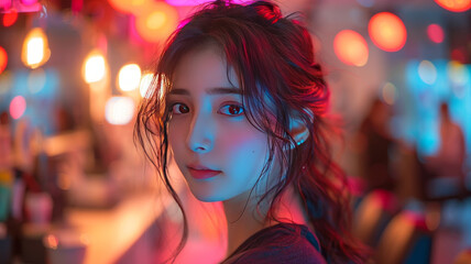 Naklejka premium Asian young woman at a hair salon dyeing her hair, red colors, professional hairstylist, modern salon setting,generative ai