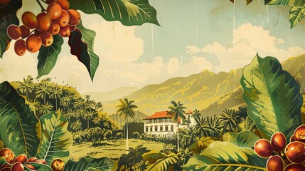 Vintage style illustration depicting a lush coffee plantation with ripe fruit and colonial house