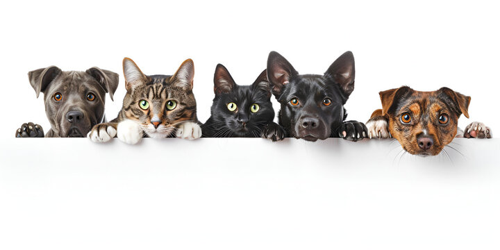 Cats kittens and dogs peeking over sign Sized for web cover isolated on white background Group of pets pet Day