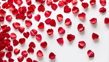 Red rose petals scattered on a white surface.

