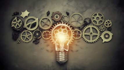 Lightbulb surrounded by gears and cogs representing innovation concept.