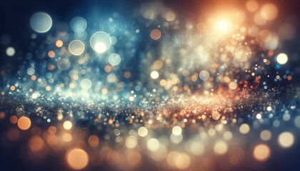 Abstract background with glowing particles and bokeh defocused lights.
