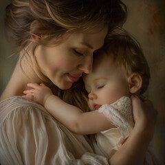 Fototapeta na wymiar Loving Mother Cradling Sleeping Baby, Soft Focus, Intimate Motherhood