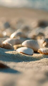 Seashell on the beach, seashell video, seashell close-up, beach video, 4k video footage, high definition video footage, stock video footage, royalty free video, vertical video, mobile video format