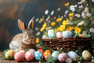 Fototapeta na wymiar Bunny surrounded by vibrant Easter eggs
