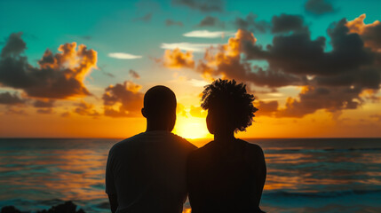Couple Enjoying Sunset at Beach, Silhouette Against Ocean Horizon