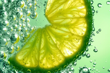 Lime slice submerged in bubbling water