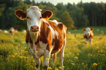 Curious cow in a golden meadow