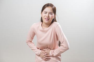 Flatulence asian young woman intolerance hand in stomach ache, suffer from food poisoning,...