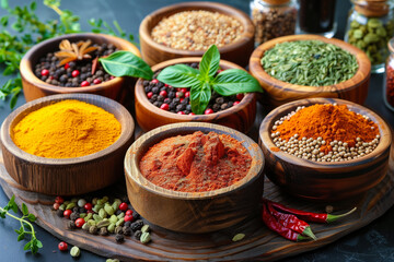 Exotic wooden bowls of spices and herbs