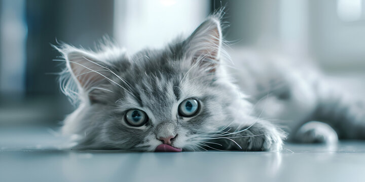 potrait of a Siberian cat lying in room adorable longhaired gray kitten with stunning green eyes resting scottish fold cat 