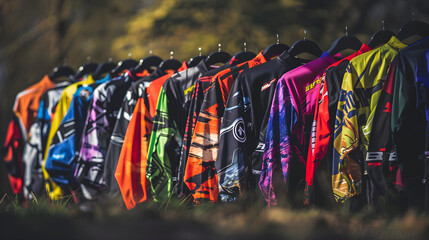 Bold and Vibrant Collection of Colorful Motocross Jerseys - obrazy, fototapety, plakaty