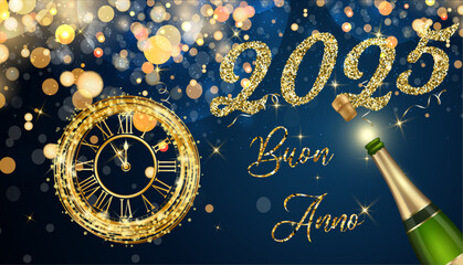biglietto o striscione per augurare un felice anno nuovo 2025 in oro con un orologio in basso, una bottiglia di alcol su uno sfondo blu sfumato con cerchi color oro e glitter effetto bokeh