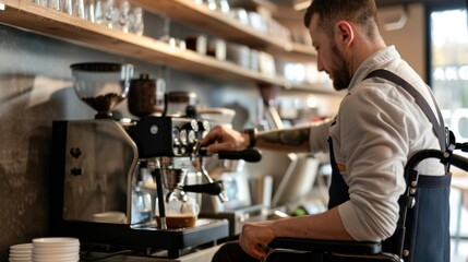 Positive disabled young man in wheelchair working in caffee