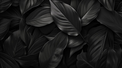 Textures of abstract black leaves for tropical leaf background. Flat lay, dark nature concept