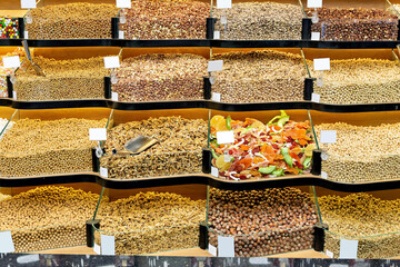 Display of various nuts in the nuts section