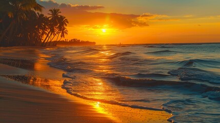 Yellow sunset at the beach. Palm trees sunset background. Waves, sky and yellow sun. Amazing island palms beach background. Punta Cana evening. The sun resort vacation. Japan nature sunset landscape - obrazy, fototapety, plakaty