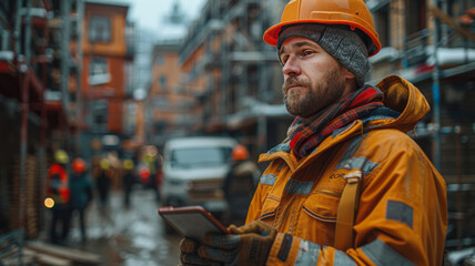 a building contractor with a tablet in his hands, in the background workers on a building site and a pick-up truck,generative ai