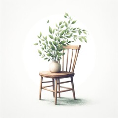 A comfortable wooden chair surrounded by plants with a white background.with Generative AI technology	
