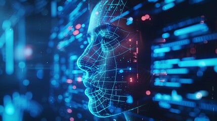 Futuristic digital human face in cyberspace