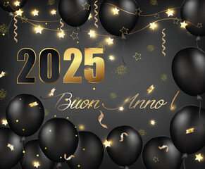 biglietto o striscione per augurare un felice anno nuovo 2025 in oro e nero con palloncini neri su sfondo grigio sfumato con stelle e stelle filanti color oro