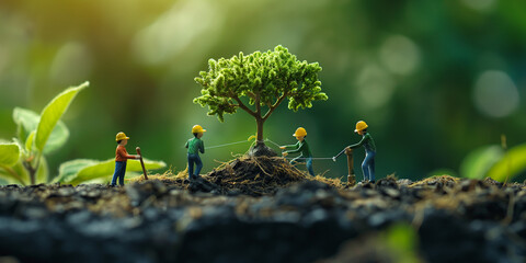 Gärtner und Landschaftsarchitekten als Miniatur Figuren arbeiten an Bäumen und Pflanzen, ai generativ